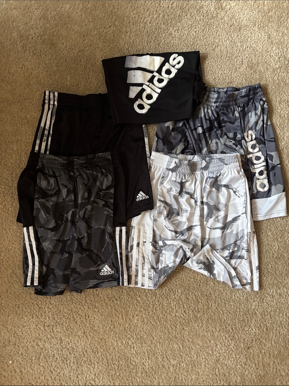 Adidas Kids Black, Gray & White Camo Athletic Shorts, sport T’s and Zip up kit